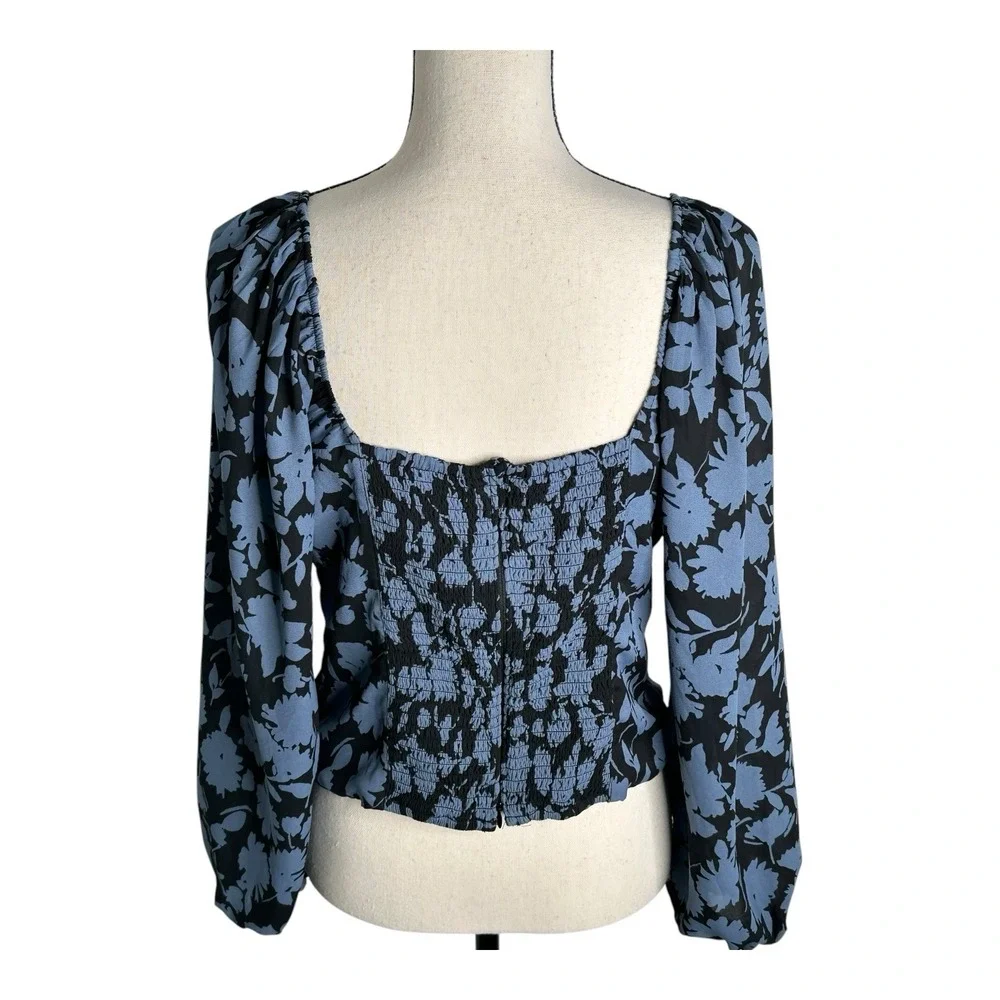 Abercrombie & Fitch Women's Large Long Sleeve Black/Blue‎  Puff Sleeve Top Sheer